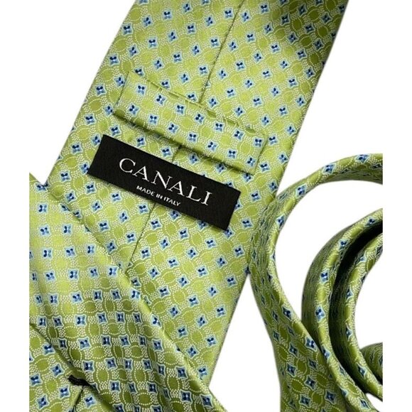 CANALI Silk  Tie ITALY Green Geometric W:3.5" EUC - Picture 2 of 4
